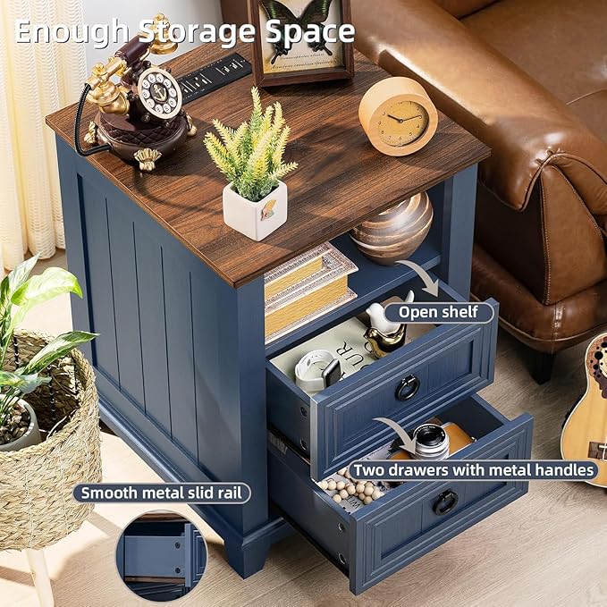 18" Farmhouse Night Stands Set of 2 with Charging Station, 2 & 3 Drawers End Table Dresser for Bedroom, Blue Wooden Nightstand, Bed Side Table with Open Shelf, Bedside Cabinet for Living Room-Ruum Studio Home