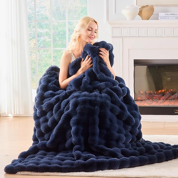 BENVWE Fluffy Faux Fur Throw Blanket for Couch, Soft Plush Thick Cozy Fuzzy Luxury Minky Bubble Blanket for Home Living Room Decor Gift for Women, Navy Blue, 51" x 63", 1100GSM-Ruum Studio Home