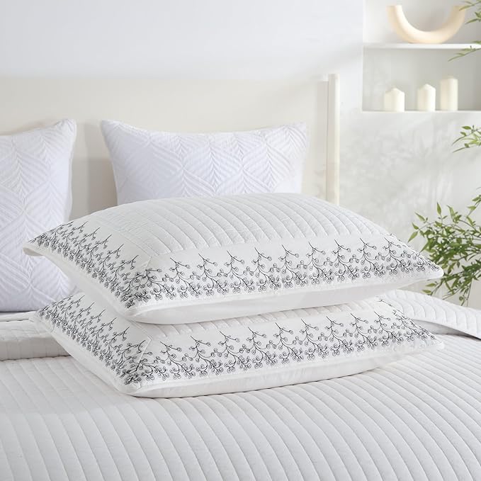 MarCielo 3-Piece 100% Cotton White Striped Quilt Set with Botanical Edge Embroidery TC(Sakura White,Queen (98" X 90"))-Ruum Studio Home