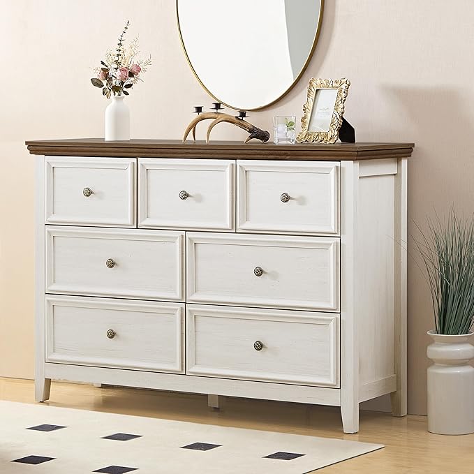 BLANKSPACE 7 Drawer Dresser, Modern Farmhouse Dresser Chest of Drawer for Bedroom, Chest of Drawers Storage Cabinet for Living Room, Entryway, Hallway, Antique White-Ruum Studio Home