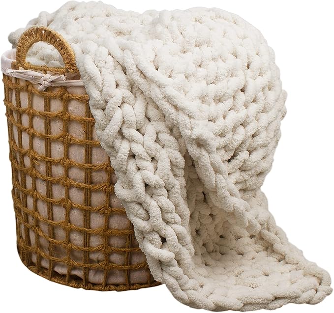 Carriediosa Chunky Knit Throw Blanket 50" X 60", 100% Hand Made Large Chenille Loop Yarn Soft Fluffy Throws for Couch Sofa Bed, Big Crochet Cozy Heavy Thick Cable Woven Blankets, Cream White-Ruum Studio Home