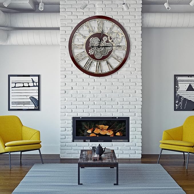 The B-Style Large Real Moving Gears Wall Clock 30 inch Rustic Retro Industrial Farmhouse Wood Clock Oversized Decorative Vintage Wall Clocks for Living Room (Black walunt Wood and Bronze)-Ruum Studio Home