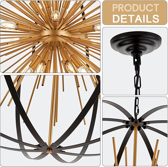 43.3" Black Gold 18-Light Globe Sputnik Chandelier Modern Adjustable Hanging Ceiling Firework Pendant Light Fixture for Entryway Foyer Stairway Kitchen Dining Living Room Hallway-Ruum Studio Home
