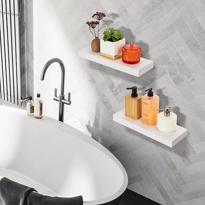 Sorbus Floating Shelves for Wall, Bathroom Shelves Wall Mounted for Kitchen, Bedroom, Bathroom Storage Over Toilet, Hanging Book Shelf for Wall Home Decor Living Room (White, 3 Pack)-Ruum Studio Home