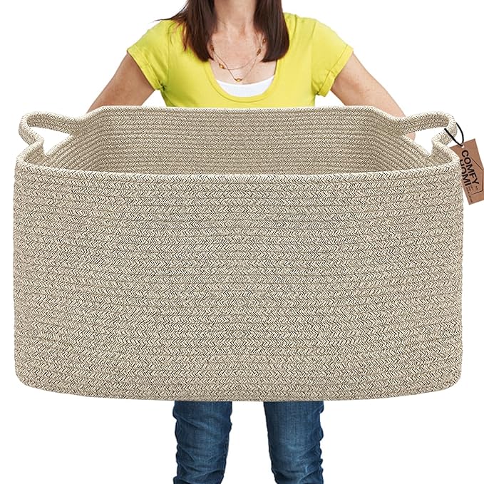 COMFY-HOMI Large Rectangular Blanket Basket, Woven Cotton Rope Baskets for Storage, Laundry Hamper Basket, Storage Bin,Toy Organizing Bin with Handle, Organization and Storage-22x15x12”-Brown-Ruum Studio Home