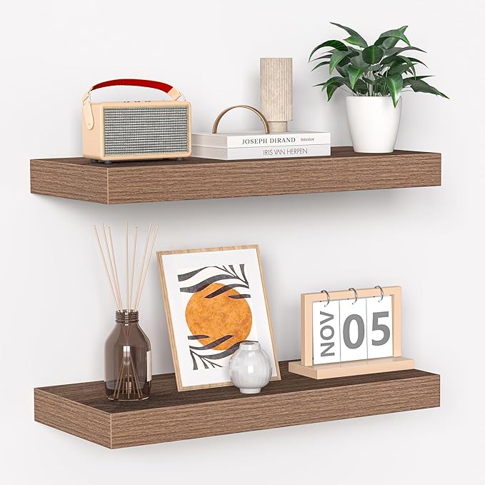 Fun Memories Floating Shelves - 16 Inch Wall Shelf for Decor & Storage - Wall Mounted Display Shelving with Invisible Heavy-Duty Metal Bracket 2Pack, Walnut-Ruum Studio Home