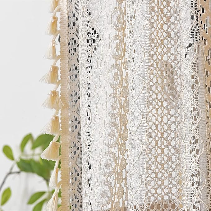 Sutuo Home Boho Sheer Curtain Valance Tier Crochet Lace with Bohemian Hollow Knitted Handmade Tassels, Short Farmhouse Window Treatment for Kitchen Cafe, Rod Pocket, 1 Panel 59" W x 36" L, Beige-Ruum Studio Home