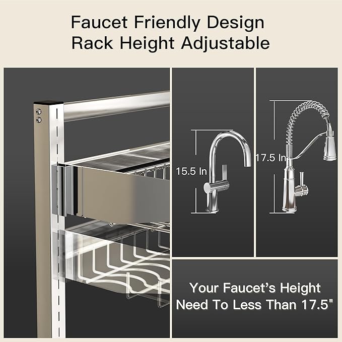 3 Tier Extra Large Stainless Steel Expandable Over The Sink Dish Drainer Drying Rack, Rust Proof Metal, Space Saving, Modern Silver Big Capacity Extendable Plate Strainers Above Kitchen Counter-Ruum Studio Home