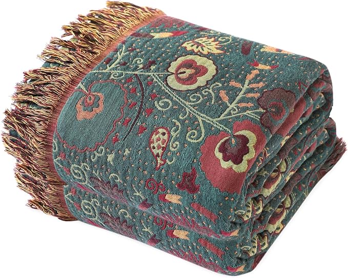 MSGKV Boho Throw Blanket for Couch and Sofa Cotton Blankets for Living Room Bedroom Reversable Florals Throw 60"x80" Breathable Cozy Blankets-Ruum Studio Home