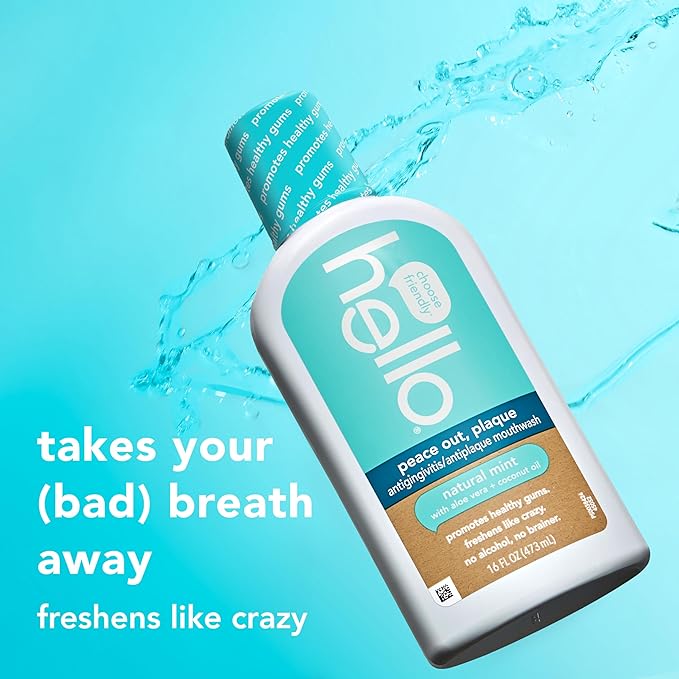 Hello Peace Out Plaque, Antigingivitis Alcohol Free Mouthwash, Natural Mint with Aloe Vera and Coconut Oil, Fluoride Free, Vegan, SLS Free and Gluten Free, 16 Ounce (Pack of 3)-Ruum Studio Home