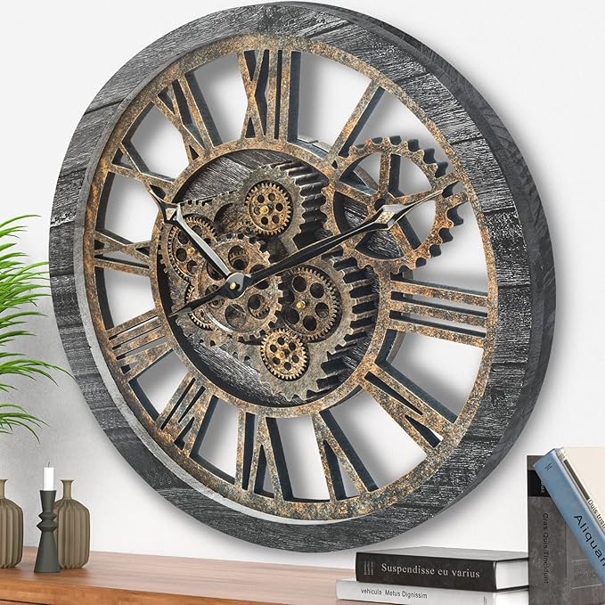 HOIBAI Wall Clock, 24 Inch Moving Gears Clock Large Wall Clock for Living Room Decor Rustic Vintage Industrial Steampunk Farmhouse Big Clock for Home Kitchen Bedroom Office-Ruum Studio Home
