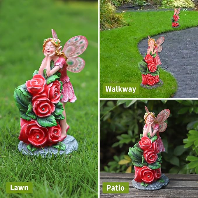 Solar Garden Outdoor Statues Cute Flower Fairy with 7 LED Solar Figurine for Lawn,Patio, Balcony, Yard Unique Housewarming Gift, for Woman, Mom, Grandma-Ruum Studio Home