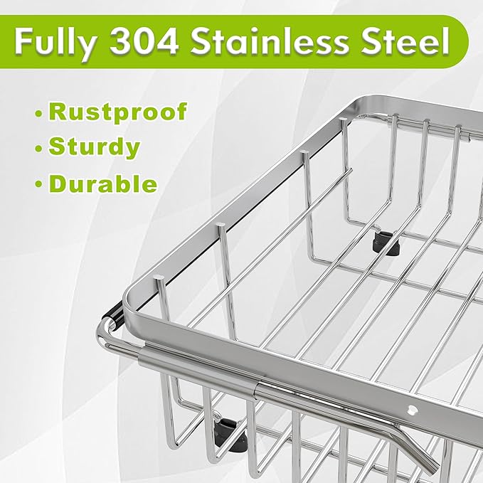 Dish Drying Rack in Sink, Expandable Stainless Steel Dish Drainer for Kitchen Sink, Dish Strainer Rack, Retractable Over Sink Dish Rack with Utensil Holder, 13.1''~16.6''D x 11.8''W, Silver-Ruum Studio Home