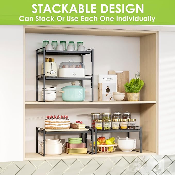 2 Pack Kitchen Countertop Organizer, Stackable Cabinet Shelf Organizer, 2 Tier Adjustable Kitchen Counter Shelves Riser For Pantry Cupboard Bathroom Organization And Storage, Desk Shelf,Spice Rack-Ruum Studio Home
