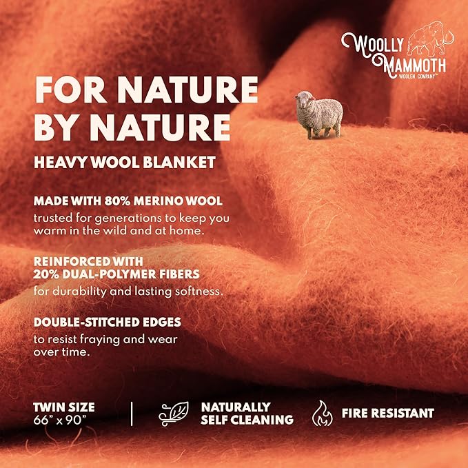 Woolly Mammoth Woolen Company Merino Wool Blanket - 66" x 90", 4 lb Orange - Heavyweight Insulated & Breathable Outdoor Throw Blanket for Camping, Hiking & Emergency Use-Ruum Studio Home