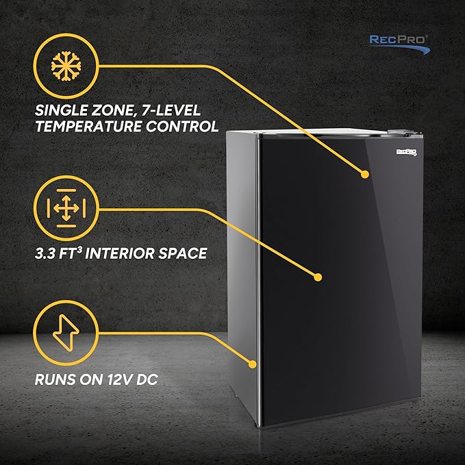 RecPro 3.3 Cu Ft 12V RV Refrigerator | Black Fridge with Adjustable Shelves, 18-Can Door Storage, Reversible Door | 7 Temp Settings, Frost-Free | Ideal for RVs & Small Spaces-Ruum Studio Home