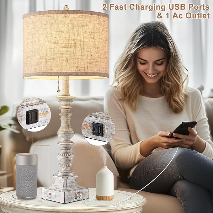 Set of 2 Farmhouse Table Lamps for Living Room, 29.5" Inch Tall Rustic Bedrooms Nightstand Table Lamp with USB-C & USB-A Charging + AC Outlet, Pull Chain Bedside Lamp for End Table, Antique White-Ruum Studio Home