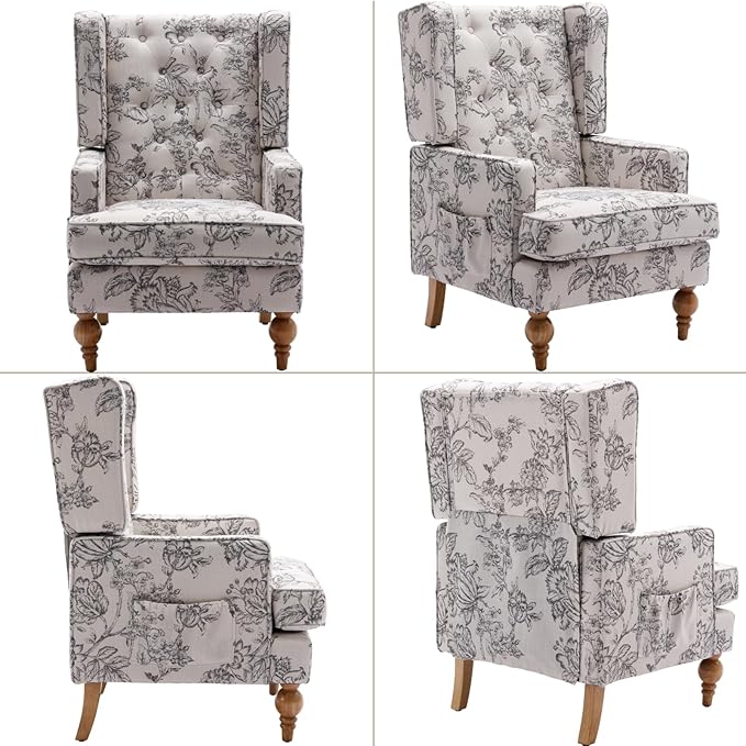 Mid-Century Accent Chair, Upholstered Arm Chair Linen Fabric Side Chair with High Back Solid Wooden Legs, Comfy Reading Chair for Living Room Bedroom, Floral Pattern-Ruum Studio Home