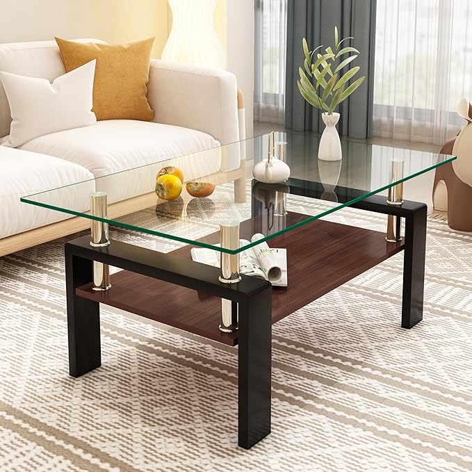 Tempered Glass Coffee Table Rectangle Living Room Center Table, with 39" Clear Top and Brown MDF Layer Black Metal Leg, for Small Space Apartment, Transparent+Brown-Ruum Studio Home
