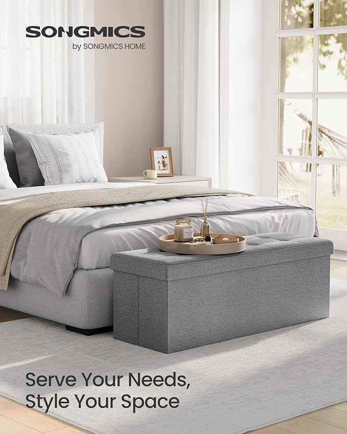 SONGMICS MAZIE Collection - 43 Inches Folding Storage Ottoman Bench, Ottoman Foot Rest, End of Bed Bench, Storage Chest, Load 660 lb, for Living Room, Bedroom, Entryway, Light Gray ULSF77G-Ruum Studio Home