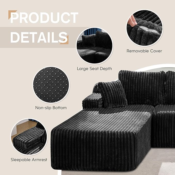 Hobestluk Modular Sectional Sofa Couches 108" L-Shape Couch 3 Seat Modular Sofa Memory Foam Sectional Couches for Living Room, Boneless Couch with Oversized Chaise (Black, Left Facing)-Ruum Studio Home