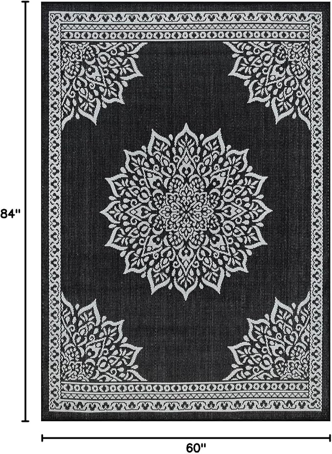 CAMILSON Outdoor Rug, 5x7 Medallion Black White Modern Area Rugs for Indoor and Outdoor Patios, Kitchen and Hallway Mats, Washable Porch Deck Outside Carpet (Medallion Black, 5 x 7)-Ruum Studio Home