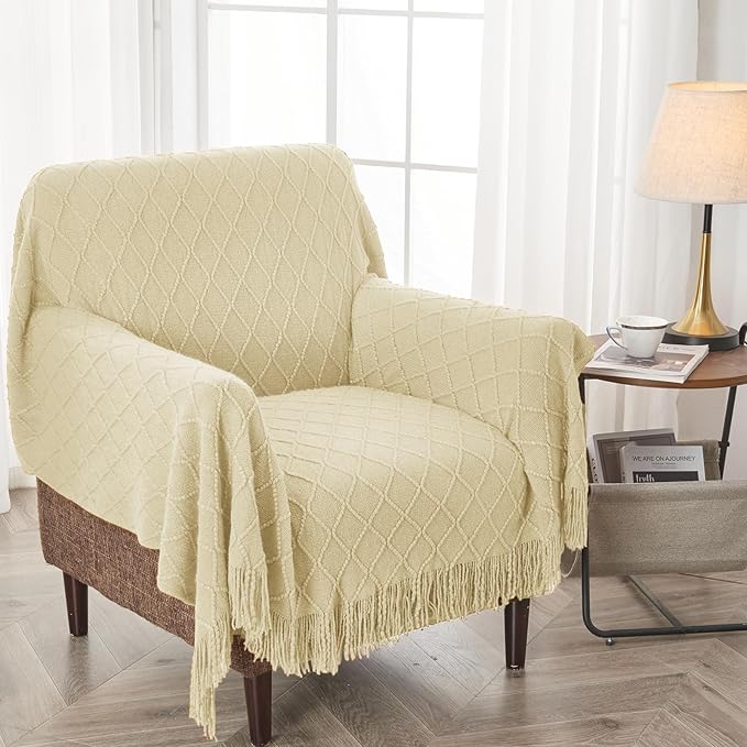 inhand Knitted Throw Blanket for Couch and Bed, Soft Living Room Home Decor Knitted Blanket with Tassel, Outdoor Lightweight Breathable Summer Blanket, Farmhouse Warm Woven Decorative, 50"x60"-Ruum Studio Home