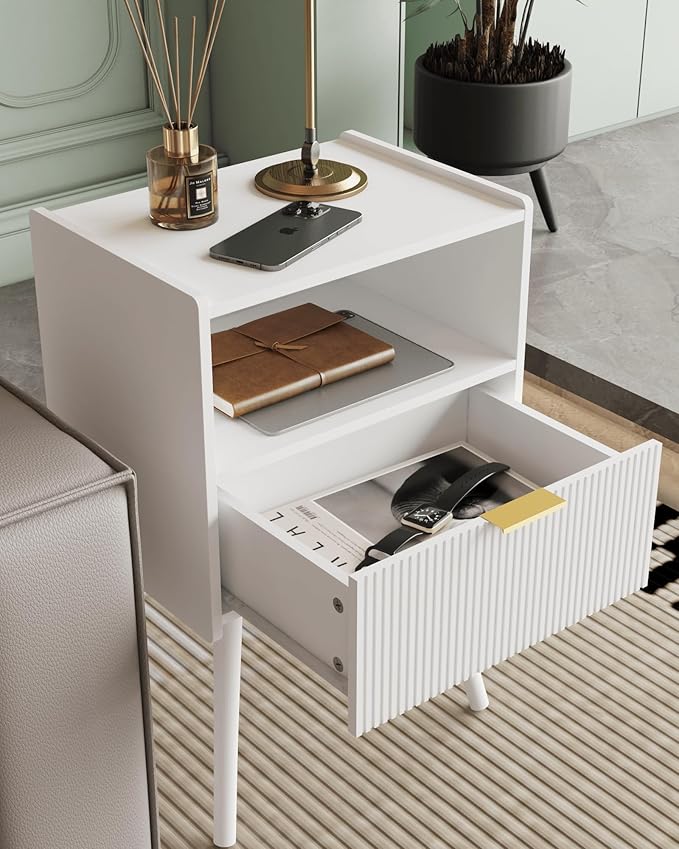 Nightstand,Modern Bedside Table with Storage Drawer and Open Wood Shelf, Accent Night Stand with Solid Wood Legs for Living Room, Bedroom and Small Spaces,Easy Assembly (White)-Ruum Studio Home