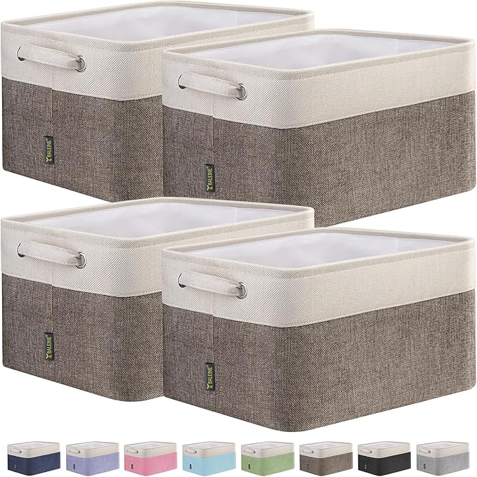 BALEINE 4 Pack Fabric Storage Bins for Shelves, Linen Storage Baskets for Organizing, Decorative Closet Bins for Clothes, Home (Brown, 12"x8"x8")-Ruum Studio Home