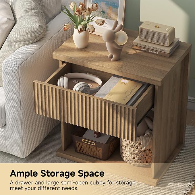 Fluted Nightstand Set of 2, 22.8" Wide Nightstands with Drawer Storage Large Wood BedsideTable Night Stands for Bedroom, Natural Oak-Ruum Studio Home