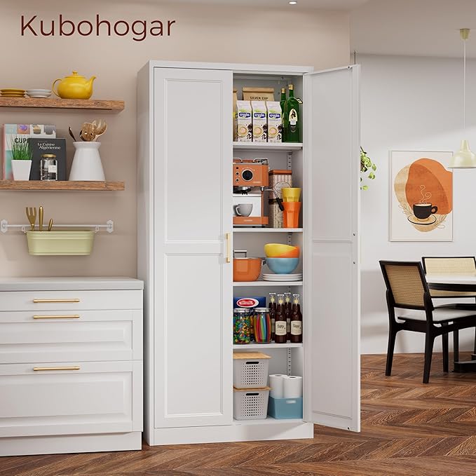 71" Tall Metal Pantry Cabinet, White Kitchen Pantry Storage Cabinet with 4 Adjustable Shelves and Gold Handles, Cupboard for Kitchen, Dining Room, Living Room, Bathroom-Ruum Studio Home