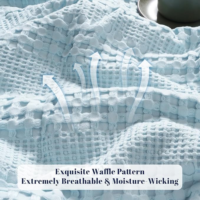 PHF Cooling Waffle Blanket Queen Size,Lightweight 60% Rayon Derived from Bamboo & 40% Cotton Breathable Blanket for Hot Sleepers, Soft and Luxury for Bed Couch and Sofa, 90"x90",Sky Blue-Ruum Studio Home