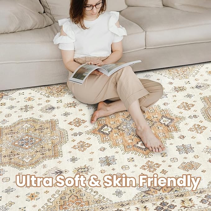 Washable Area Rugs for Living Room - 7x9 Neutral Vintage Distressed Floral Farmhouse Boho Large Soft Floor Rug Indoor Non Slip Carpet for Living Room Bedroom Dining Room Office - Orange/Yellow/Beige-Ruum Studio Home