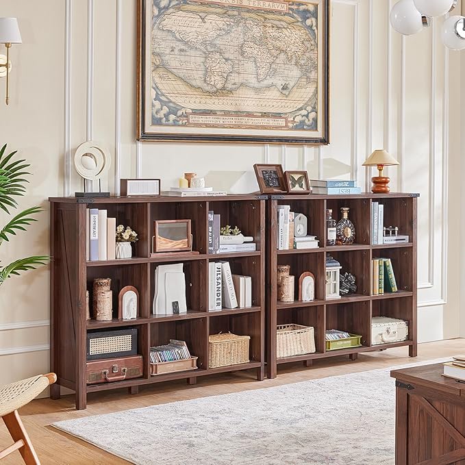 9 Cube Bookcase, Farmhouse 47 Inch Wide Brown Walnut Bookshelf, Wooden 3 Tier Display Large Open Book Shelf, Vintage Horizontal Book Case for Home Office, Cubby Storage Cabinet for Living Room-Ruum Studio Home