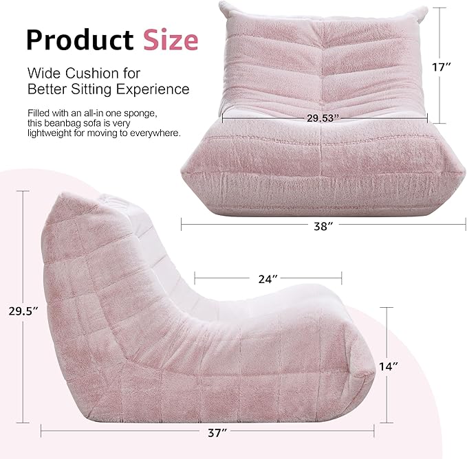 Bean Bag Chairs for Adults Giant Bean Bag Chair Memory Foam BeanBag Chair Big Bean Bag Sofa with Filler Faux Fur Fireside Beanbags Lazy Sofa for Living Room Bedroom Dorm Office (Pink Plush)-Ruum Studio Home