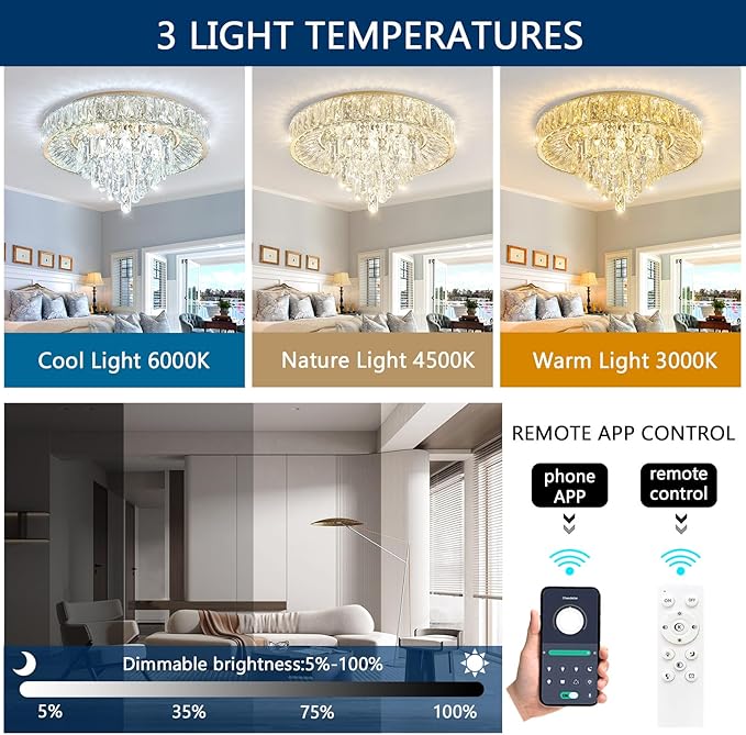 Modern Crystal Chandeliers for Dining Room LED Light Fixture Close to Ceiling Chandelier Flush Mount Ceiling Light Dimmable Lamp with Remote for Living Room Bedroom Hallway-Ruum Studio Home