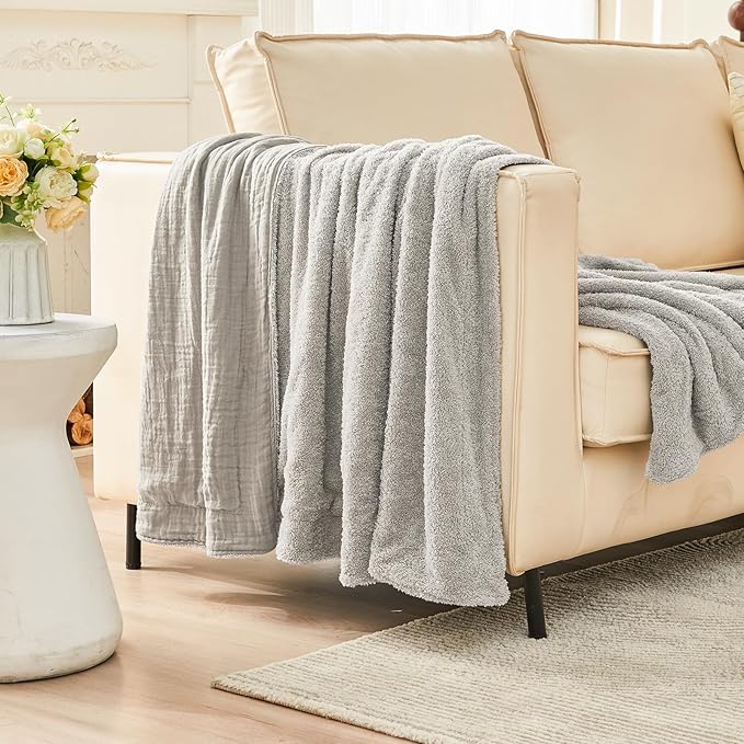 EMME Muslin and Fleece Twin Blanket Reversible - 60"*80" Grey Soft Warm Throw Blankets for Couch Bed Picnic Travel Bed-Ruum Studio Home