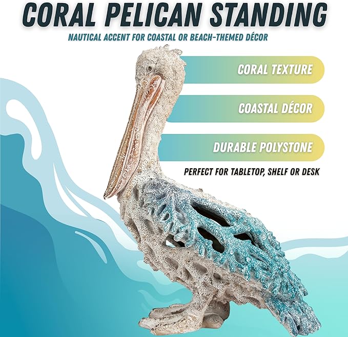 Blue Pelican Standing Figurine 13.75” Coastal Coral Reef Home Decor Nautical Beach Statue for Tabletop Shelf or Mantel Ocean Inspired Room Accents-Ruum Studio Home