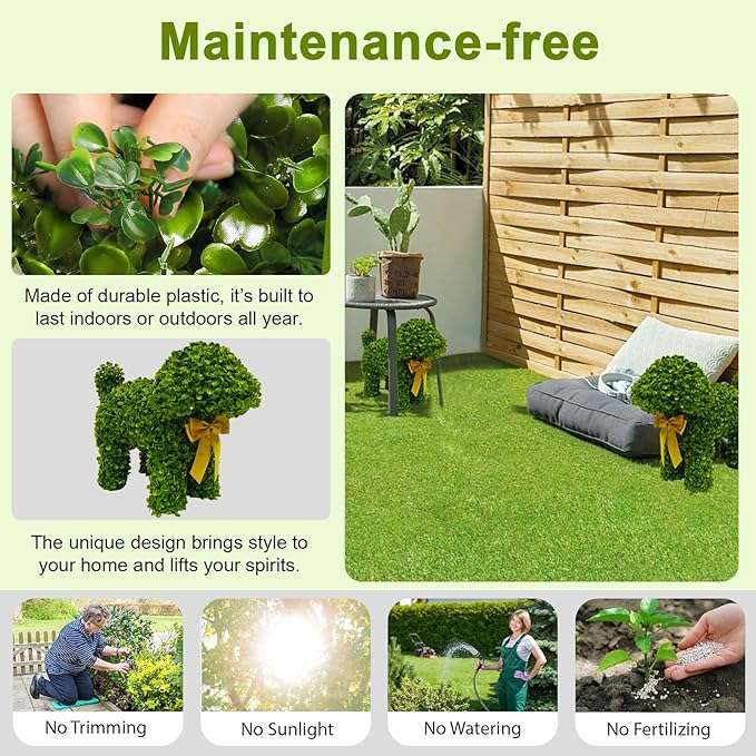 2 Pcs Artificial Bunny Shaped Topiary Trees, Artificial Green Boxwood Bunny Decorations with Gold Bow, Perfect for Indoor & Outdoor Front Porch, Easter& Garden Decor (Boxwood Dog Tree)-Ruum Studio Home