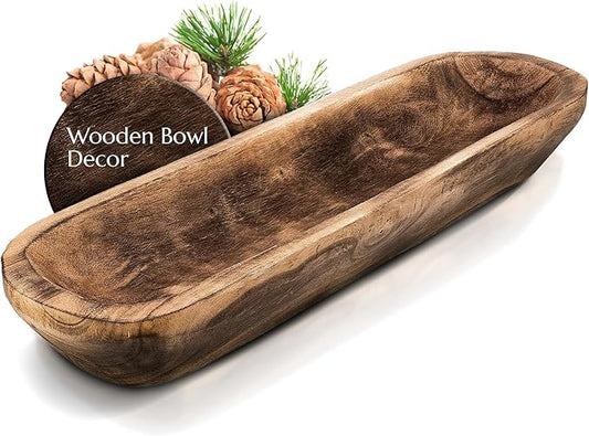Wooden Dough Bowl for Decor - 17¾ in Long Hand Carved Paulownia, Large Rustic Decorative Bowl for Home Table Centerpiece, Keys, Entryway Table, Catchall Tray & Wooden Dining Room Centerpiece-Ruum Studio Home