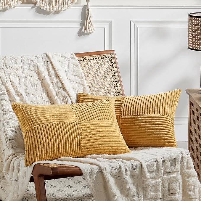 Fancy Homi 2 Packs Gold Yellow Lumbar Decorative Throw Pillow Covers 14x24 Inch for Couch Bed Sofa, Rustic Farmhouse Boho Spring Home Decor, Soft Striped Corduroy Rectangle Accent Cushion Case 35x60cm-Ruum Studio Home