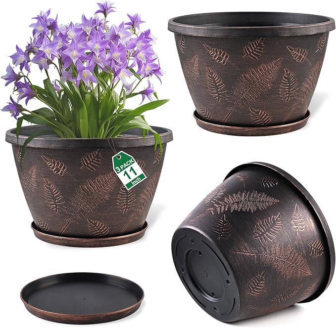 11 inch Plant Pot, 3 Pack Large Pots for Plants, Flower Pots with Drainage Hole & Saucer, Modern Planters for Indoor Outdoor Plants, Decorative Plastic Garden Pots (Copper)-Ruum Studio Home