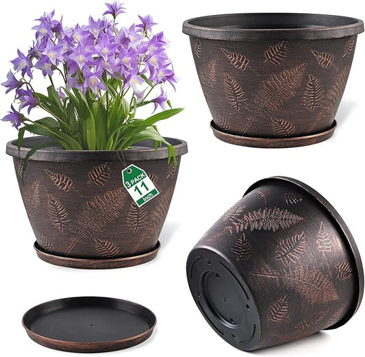 11 inch Plant Pot, 3 Pack Large Pots for Plants, Flower Pots with Drainage Hole & Saucer, Modern Planters for Indoor Outdoor Plants, Decorative Plastic Garden Pots (Copper)-Ruum Studio Home