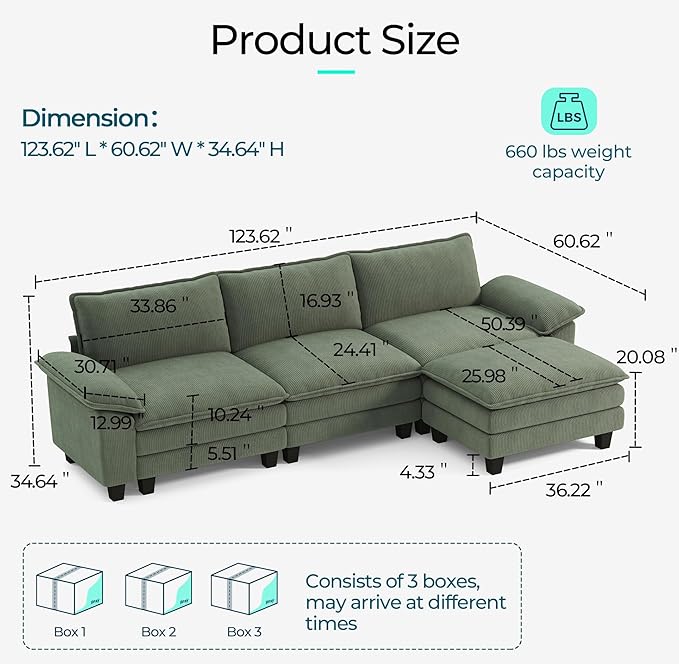 LINSY HOME Modular Sectional Sofa - 123'' Oversized Corduroy Cloud Couch L Shaped Couch with Movable Ottoman Soft Modern Comfy Sofa for Living Room Apartment Office, Green-Ruum Studio Home