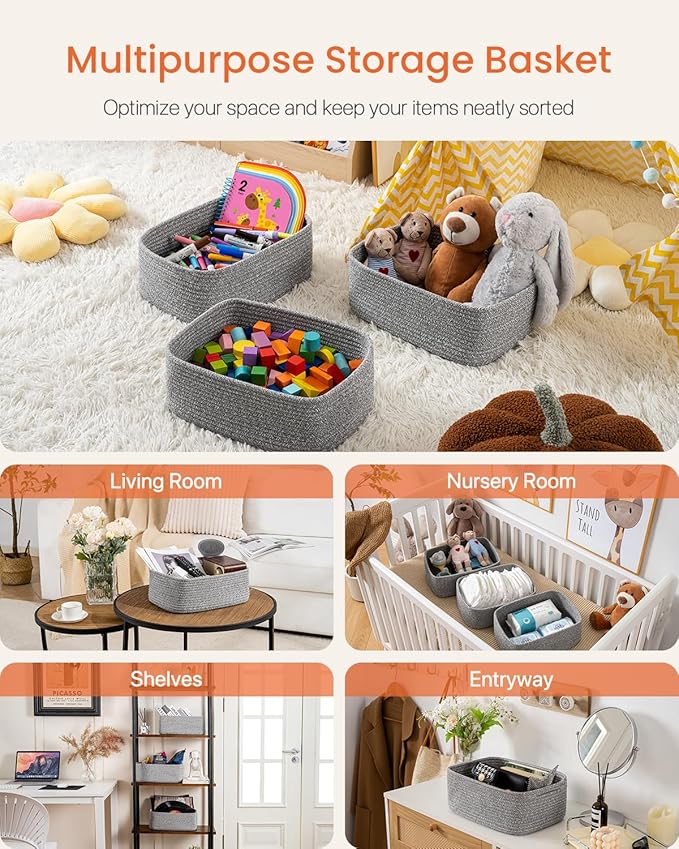 KALLAX Small Woven Basket, 13.5 x 9.5 x 5 Inches, Storage Basket for Organizing, Cute Small Rope Shelf Closet Cube Storage Bins Baskets for Shelves, Dog Toy Gift Baskets Empty, 3 Packs, Mixed Grey-Ruum Studio Home