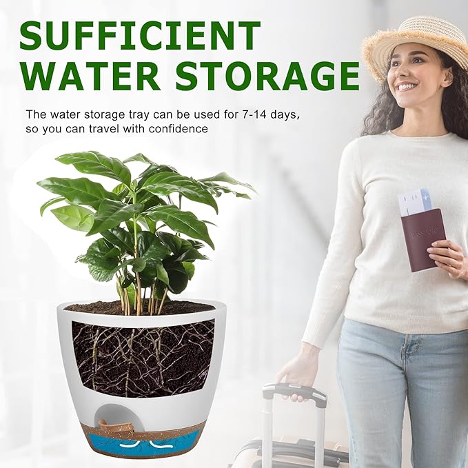 Plant Pots 10/9/8/7.5/7 Inch Self Watering Pots, Set of 5 Plastic Planters with Drainage Holes and Saucers,Plastic Flower Pots,Nursery Planting Pot for Indoor Out Door Plants（White）-Ruum Studio Home