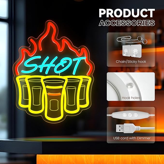 Shot Neon Signs for Wall Decor, Bar Neon Sign, Dimmable Acrylic LED Lights for Home Bar Pub Club Bistro Man Cave Restaurant Party Decorations Gift-Ruum Studio Home
