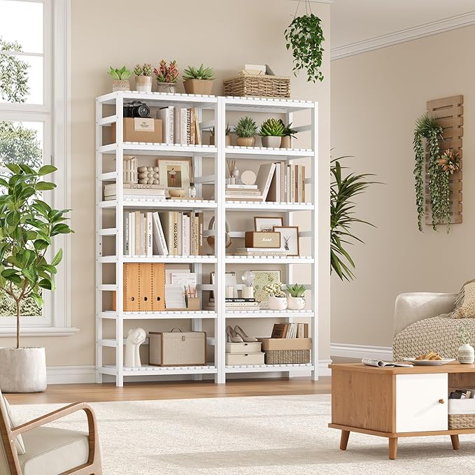 FOTOSOK 6-Tier Bamboo Shelf, Bamboo Bookcase with Adjustable Shelves, Free Standing Storage Shelf Unit, Plant Flower Stand for Bathroom, Kitchen, Home Office, White-Ruum Studio Home