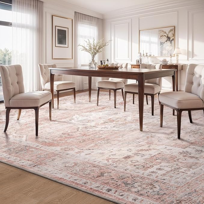 AMOAMI 4x6 Soft Vintage Area Rug - Non-Slip Washable Rug for Living Room, Bedroom, Dining Room, Office - Pink-Ruum Studio Home