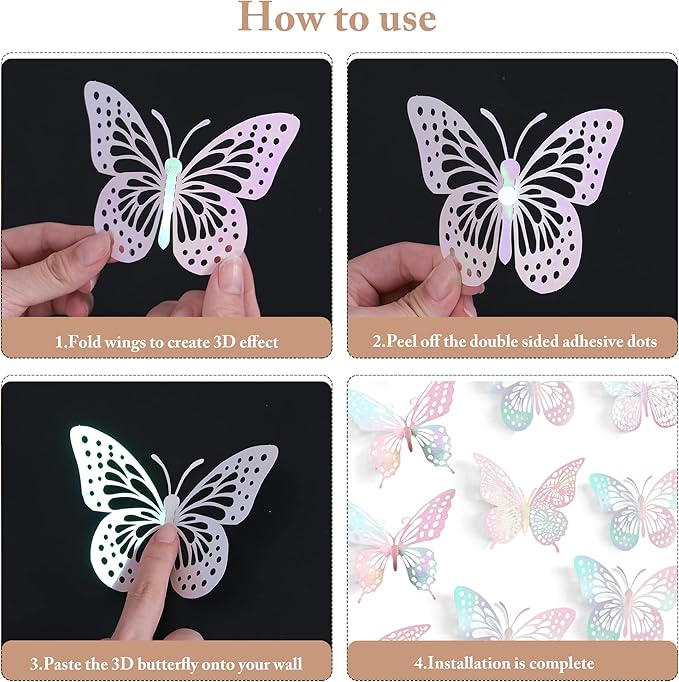 SAOROPEB 3D Wall Decor - 48 Pcs, 4 Styles, 3 Sizes - Laser Pink Butterfly Decorations for Birthday Parties, Removable Stickers-Ruum Studio Home